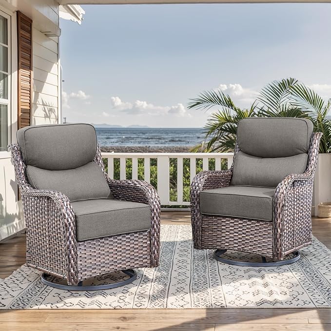 HUMMUH Outdoor Patio Wicker Swivel Rocker Chairs Set of 2 with 6-Inch Thick Cushion High Back Wicker Conversation Set for Porch Balcony Deck