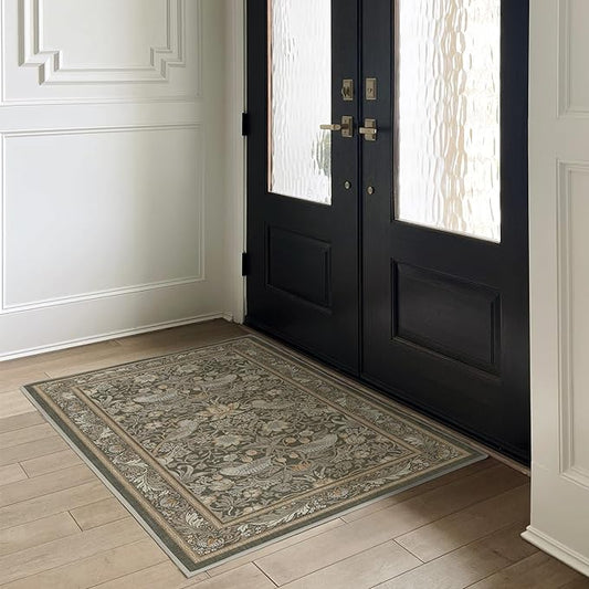 RUGGABLE x Morris & Co Washable Area Rug– Strawberry Thief Stone Gold 3x5, Stain-Resistant, Non-Slip–Small Machine Washable Rugs for Living Room, Bedroom, Hallway, Entryway & Office–with Standard Pad