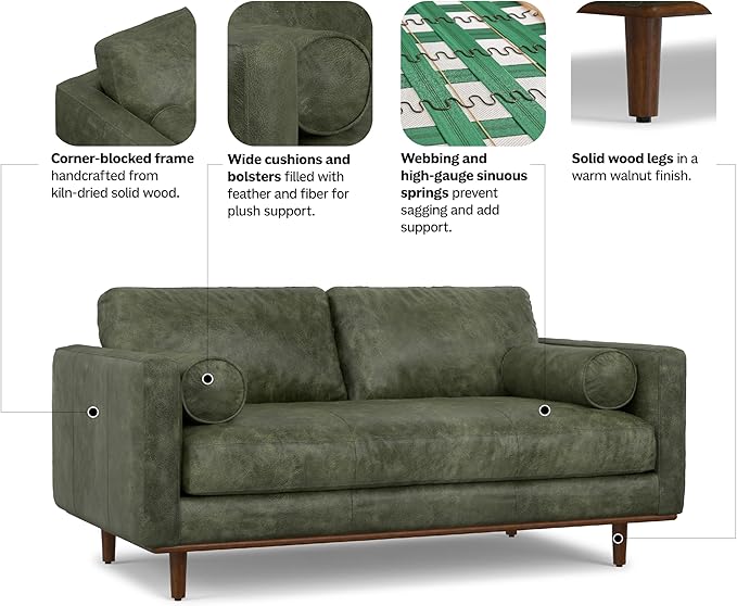 SIMPLIHOME Morrison 72-inch Wide Sofa in Moss Green Genuine Leather, Mid-Century Modern-Style Loveseat for Living Room, Single Bench Cushion, Removable Back Cushions, 2 Bolster Pillows