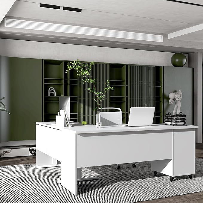 70" W L‑Shaped Executive Standing Desk with Storage Cabinet, Electric Corner Height Adjustable Workstation for Dual Screens, Printer, and Office Essentials