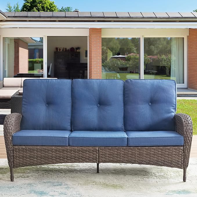 HUMMUH Outdoor Patio Couch-Outdoor Rattan Couch with Thick Cushions Outdoor Sofa for Deck Lawn Porch Balcony Poolside-Brown/Blue