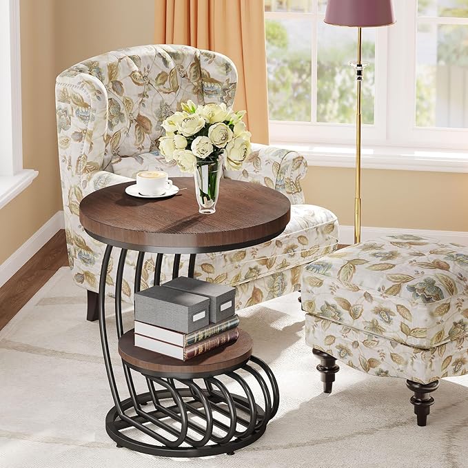 Tribesigns Round End Side Table: Side Table with 2 Tiers Storage Shelves, Vintage End Table for Living Room, Small Bedside Table Accent Table with Arc-Shaped Frame, Rustic Brown