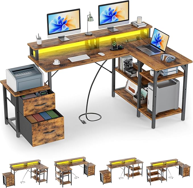 Office Desk L Shape with File Drawers&Power Outlet,YOUNGAR 69.3 Inch Reversible L Shaped Computer Desks,Corner L Shape or Long Desk Set up Monitor Stand &Storage Shelves, LED Lights &CPU Stand,Vintage