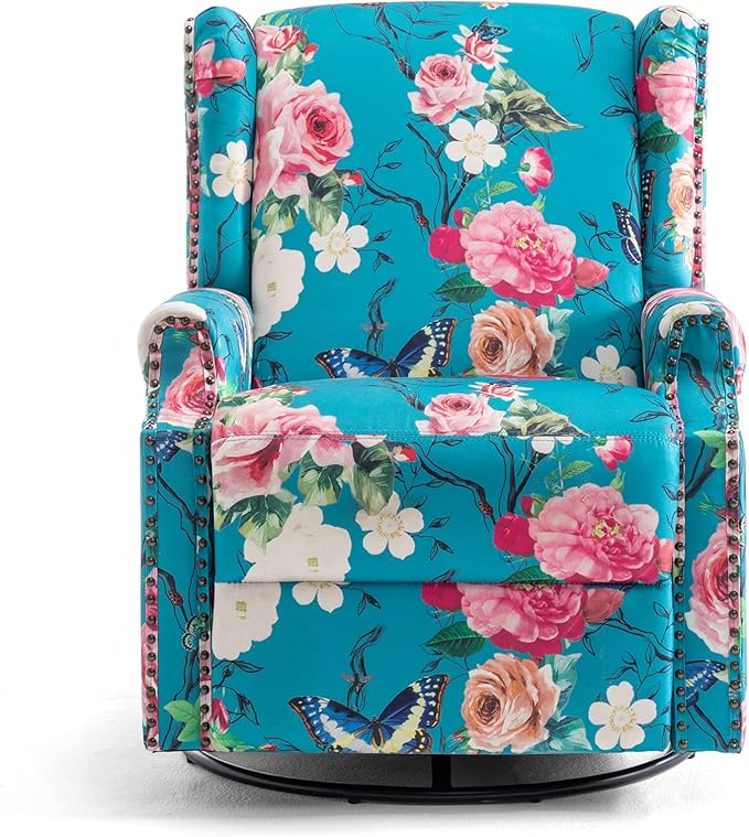 UIXE Swivel Rocker Manual Recliner Chairs Set of 2, Wingback Swivel Glider Fabric Nursery Reclining Sofa Chair, High Back Upholstered Arm Chair for Living Room Bedroom - Peacock Blue