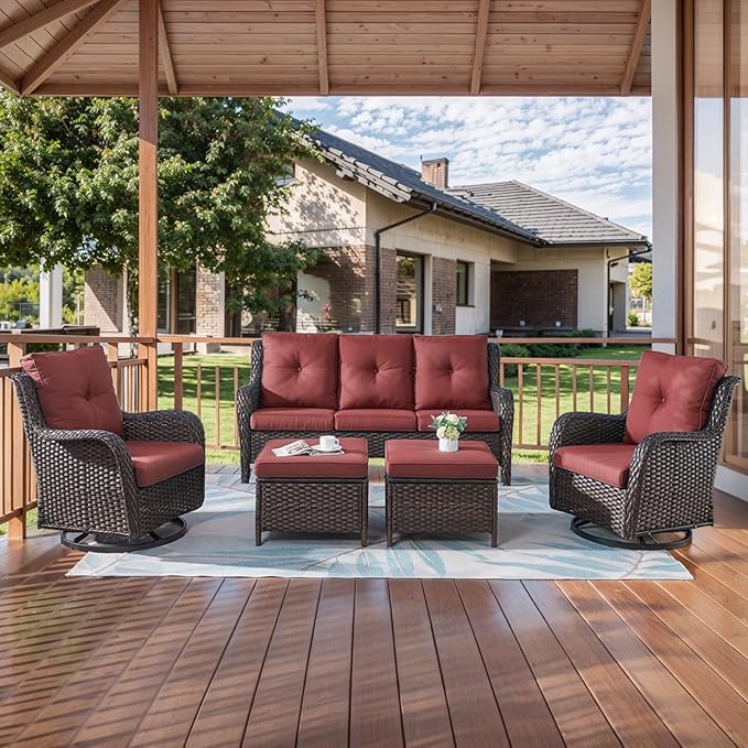 HUMMUH 5 Pieces Patio Furniture Set Wicker Outdoor Sectional Sofa with Swivel Rocking Chairs,Patio Ottomans