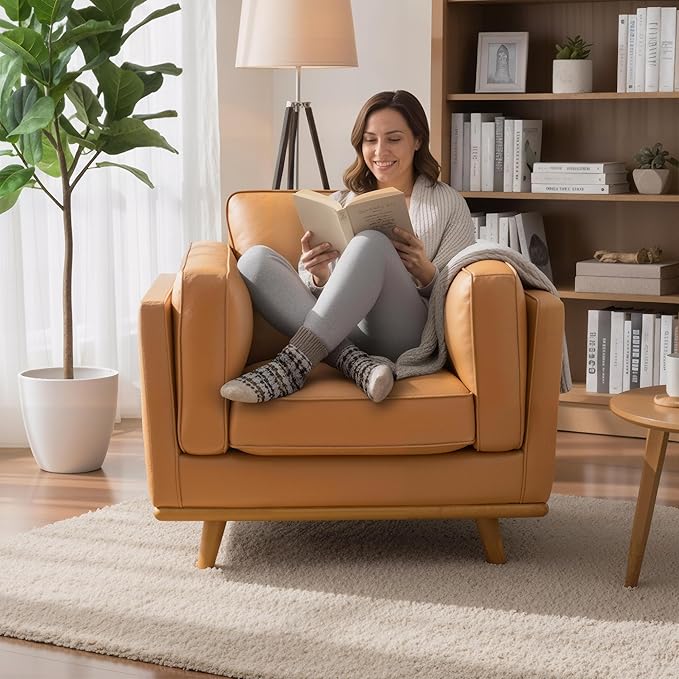 MCombo Napa Leather Accent Chair, 41.9'' Wide Leather Chair for Living Room, Office, Solid Wood Accent, VE792 (Cognac Tan)