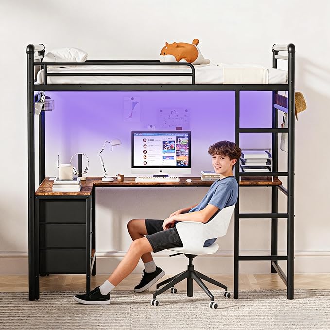 Twin Loft Bed with Desk, Gaming Bunk Bed with Stairs, Metal Loft Bed Heavy Duty Loft Beds for Adults, 3 Fabric Drawers, LED Lights & Charging Sation, No Noise & No Box Spring Needed, Black
