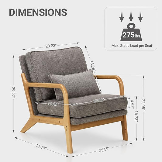 COLAMY Mid Century Modern Accent Chair with Lumbar Pillow, Relaxing Armchair with Solid Wood Frame & Soft Cushion, Reading Leisure Chair for Living Room,Bedroom,Waiting Room(Grey)