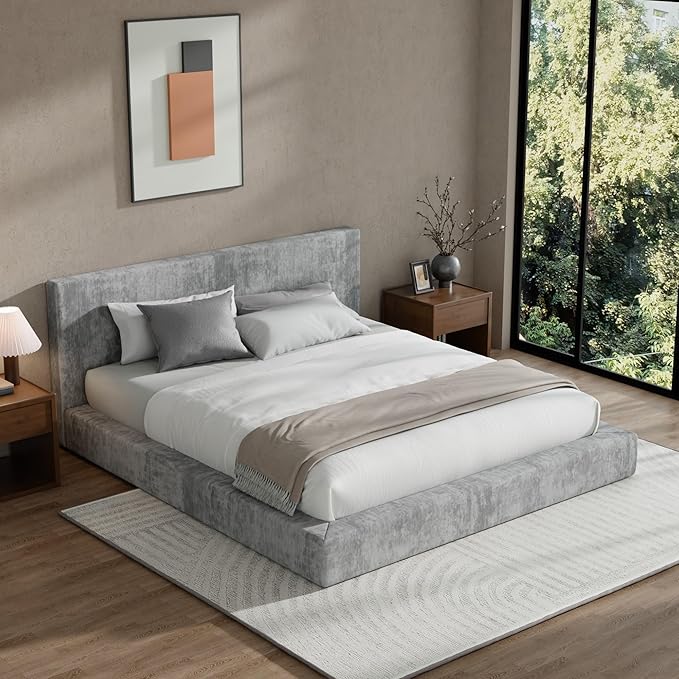 RECCI Cloud Upholstered King Bed Frame with Headboard, 5 Inch Foam Padded Platform, No Box Spring, Easy Assembly (Moon)