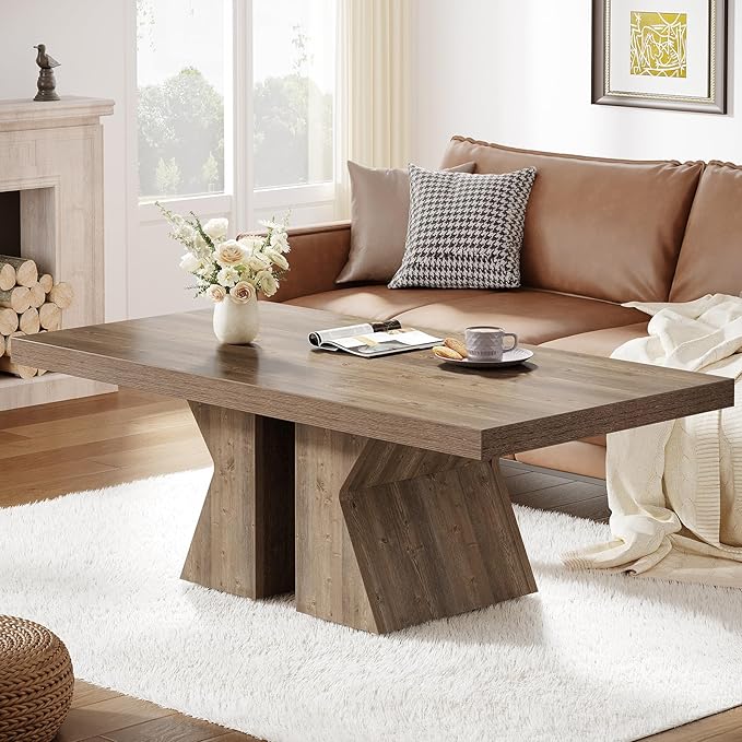 Tribesigns Wood Coffee Table, 47-Inch Rectangular Center Table with Thick Wooden Base, Farmhouse Wood-Look Cocktail Table for Living Room (Brown)