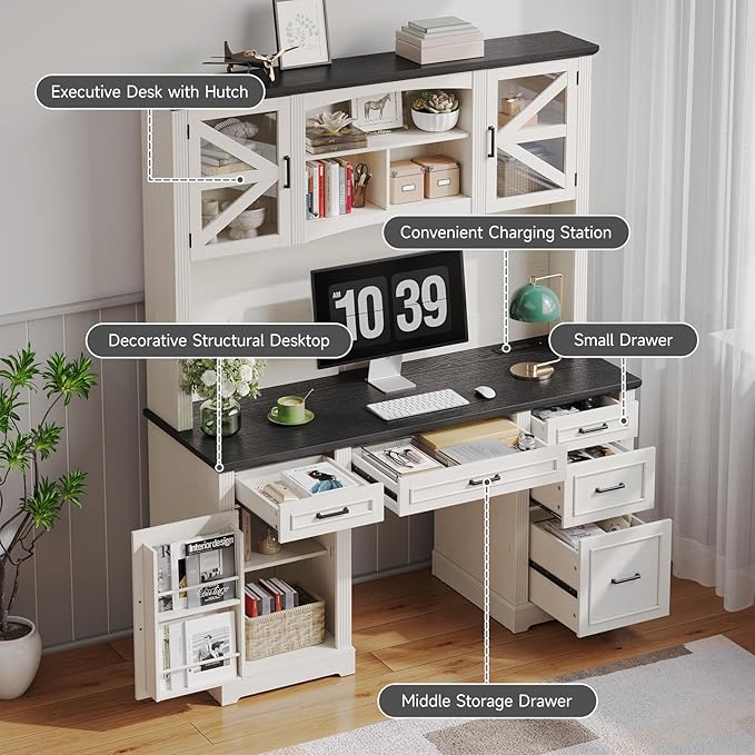 ONBRILL 72" H Farmhouse Executive Desk with Hutch, Office Desk, Computer Desks with Charging Station, Computer Workstations with 5 Drawers and Storage Cabinet for Home, Office, Off White & Black