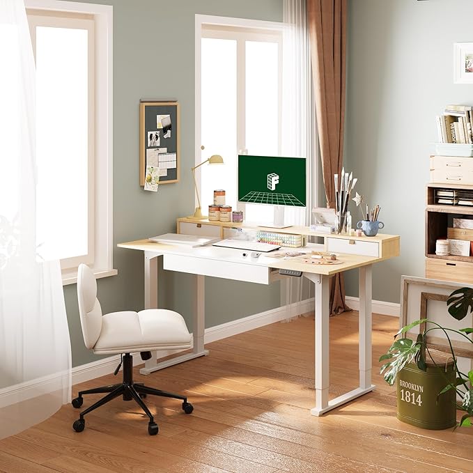 FLEXISPOT 4-Leg Standing Desk with Storage 63x32 in Electric Adjustable Height with 3 Drawers & Shelving Home Office Workstation (White + Maple Top)