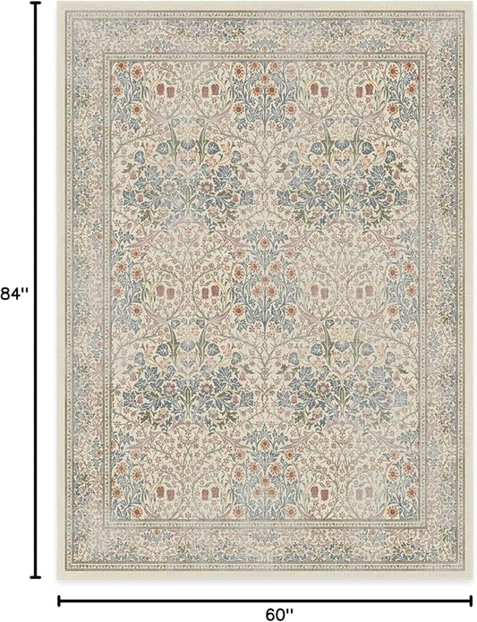 RUGGABLE x Morris & Co Washable Area Rug – Blackthorn Ivory Blue 5x7, Stain-Resistant, Non-Slip – Medium Machine Washable Rugs for Living Room, Bedroom, Hallway, Entryway & Office–with Standard Pad