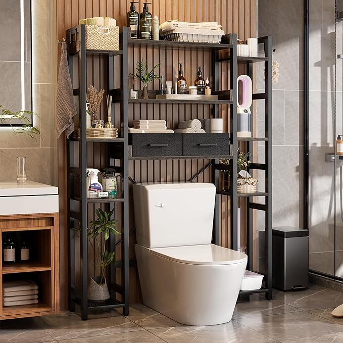 Over The Toilet Storage with 2 Drawers - 11 Tier Bathroom Organizer Freestanding Space Saver Storage Rack with Adjustable Shelf Above Toilet Stand with 4 Hooks for Restroom, Laundry, Grey Oak