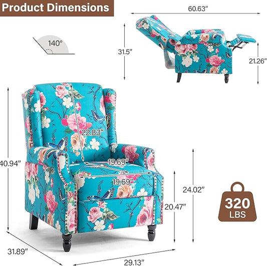 Pushback Recliner Chair, Floral Fabric Wingback Recliner Chair, Upholstered Armchair Push Back Recliner, Rivet Trim Single Sofa Accent Chair with Wood Legs for Living Room, Peacock Blue