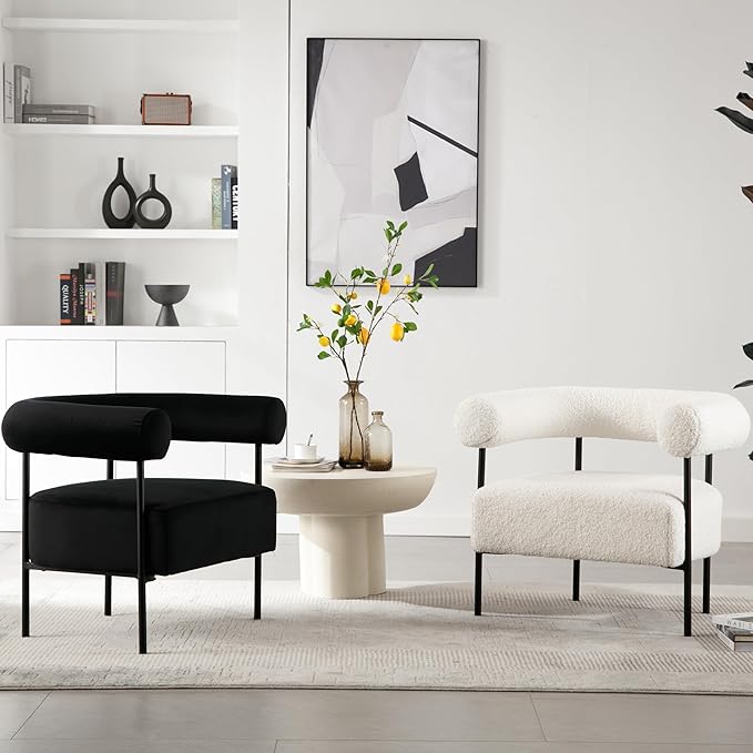 Modern Accent Chairs Set of 2, White Boucle Side Chairs with Curved Back, Sherpa Barrel Vanity ChairsArmchairs with Black Metal Legs & Upholstered for Living Room, Makeup Room
