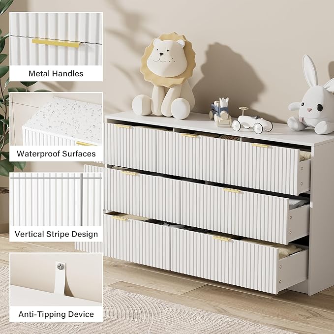 White Dresser for Bedroom, Modern Dresser with 7 Drawers and Smooth Slides, Wide Chest of Drawers with Golden Handles for Bedroom, Living Room, Closet, 15.7" D x 55.1" W x 31.4" H