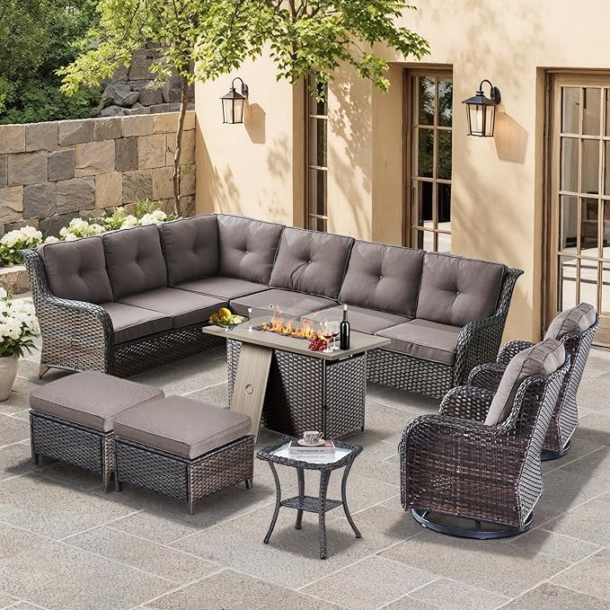 HUMMUH 8 Pieces Outdoor Patio Furniture Set with Fire Pit,L-Shaped Modular Sectional Couches with Swivel Patio Chairs,Wicker Conversation Set for Deck,Backyard,Porch,Garden
