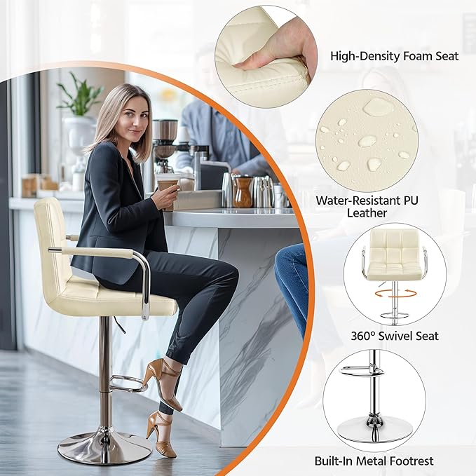 Yaheetech Bart Stools Set of 4, PU Leather Adjustable Barstools with Armrest, Counter Height Stool Chairs with Thickened Seat Cushion for Kitchen Island, Beige