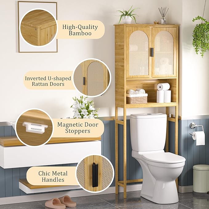 Bamboo Over-The-Toilet Storage Shelf with Inverted U-Shaped Doors, Rattan Surface Bathroom Freestanding Space Saver Organizer with Shelves, Natural