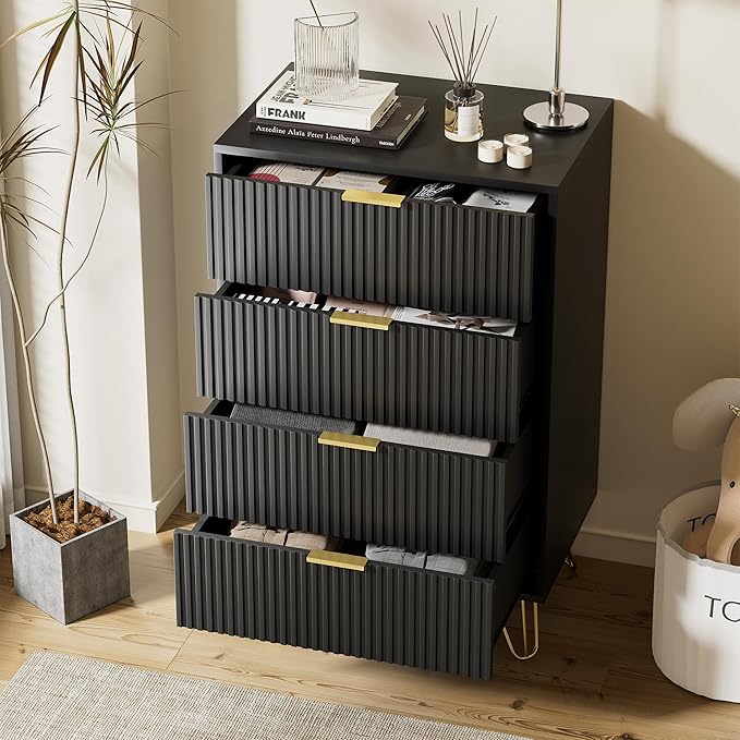 Black Dresser for Bedroom, Modern Wide Dresser with Gold Pulls and 4 Drawers for Bedroom, Closets, 15.7" D x 23.6" W x 37.4" H