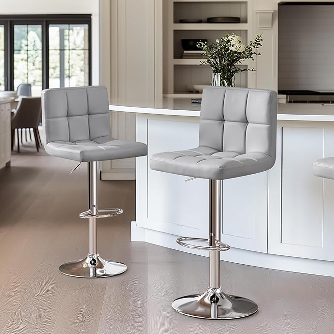 Yaheetech Bar Stools, PU Leather Adjustable Barstools, Modern Counter Stools with Back and Footrest, Counter Height Barstools for Bar, Kitchen, Dining Room, Light Gray