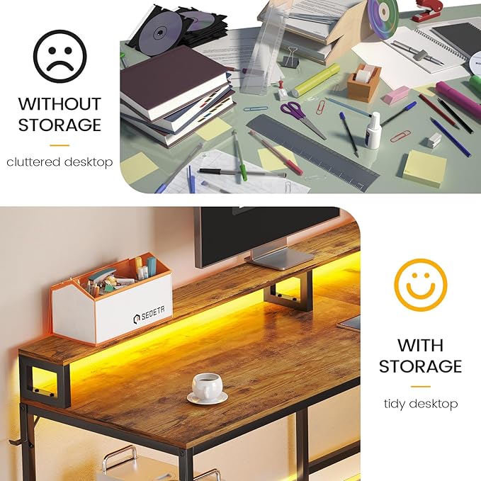 SEDETA L Shaped Office Desk, 66" Corner L Shaped Computer Desk with Wood File Drawer & Power Outlet for Home Office, Gaming Table with Led Lights, Monitor Shelf, Printer Storage Shelves, Rustic Brown