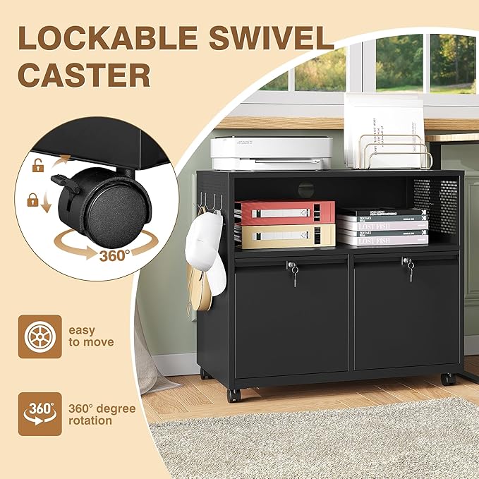 Mobile Filing Cabinet with Lock,Metal Lateral File cabinets Printer Stand with Storage Cabinets for Home Office,A4/F4/Letter (Black)