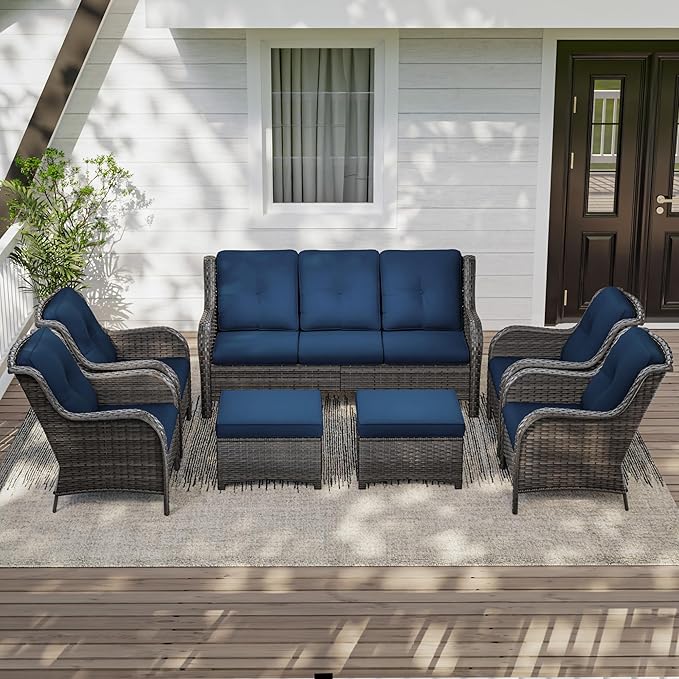 7 Pieces Outdoor Patio Conversation Set, Wicker Furniture Set Includes 3-Seat Sofa, Patio Rattan Dining Chair Set of 4, 2 Ottomans, for Porch, Yard, Mixed Brown Rattan, Blue