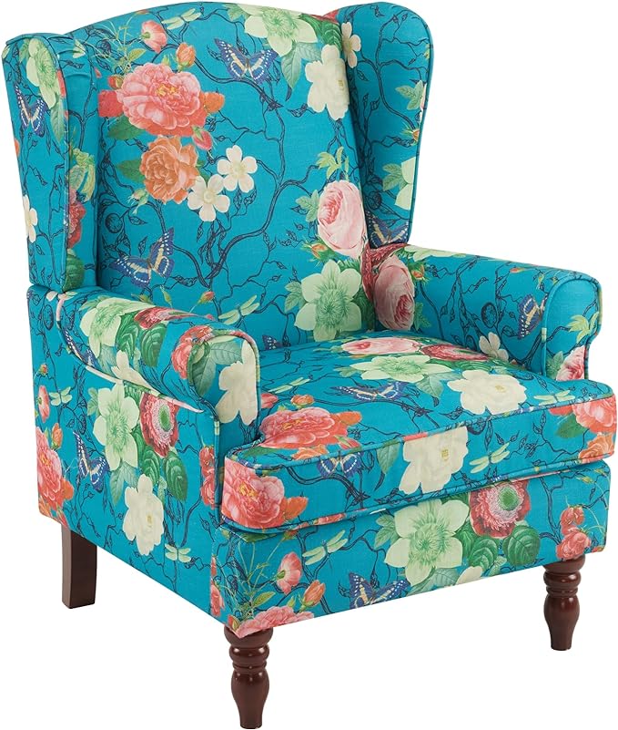 MELLCOM Floral Accent Chair, High Back Upholstered Armchair with Solid Legs, Leisure Single Sofa Chair for Living Room, Bedroom, Home Office, Teal Floral