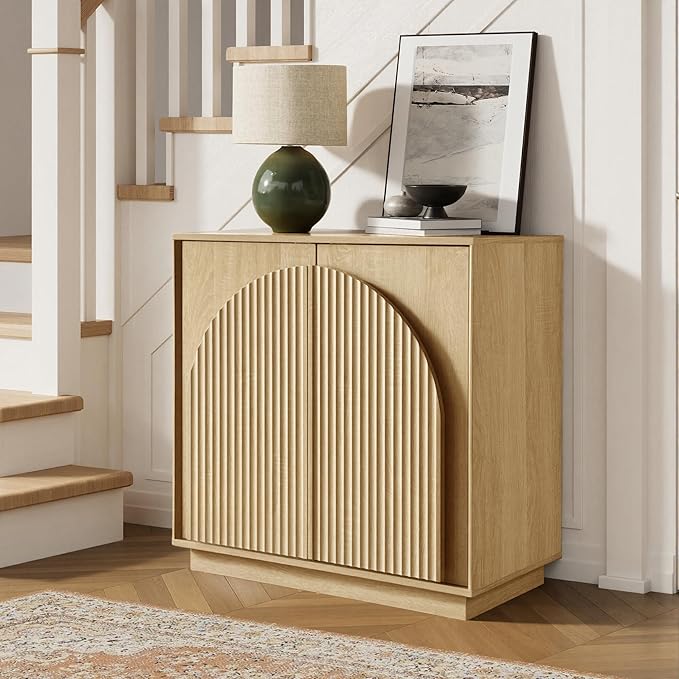 win2win Fluted Sideboard Buffet Cabinet with Storage, 31.5" Modern Boho Accent Cabinet with Double-Layered Arch Doors, Small Wood Console Credenza for Living Room, Dining Room, Entryway, Hallway, Oak