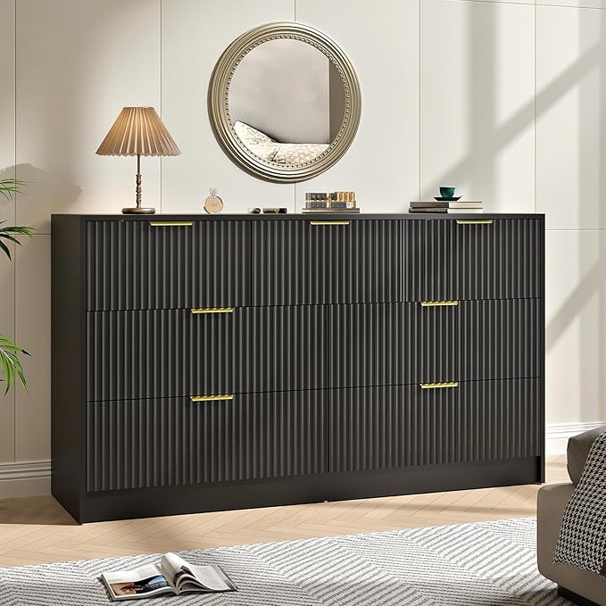 Black Dresser with 7 Drawer - 55” Wide Fluted Dresser for Bedroom with Metal Handle, Chest of Drawer, Wood TV Stand for Bedroom, Living Room, Black