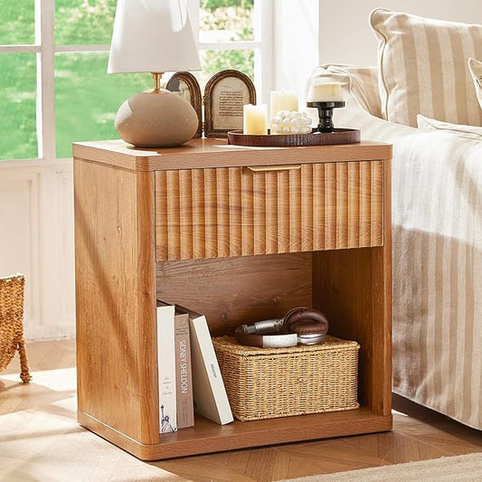 LEYAOYAO Fluted Farmhouse Nightstand Set of 2 with Charging Station, 23" Wide 1 Drawers Night Stand,Brown Dresser for Bedroom,Bed Side Table Chest of Drawers,Wood End Table for Living Room