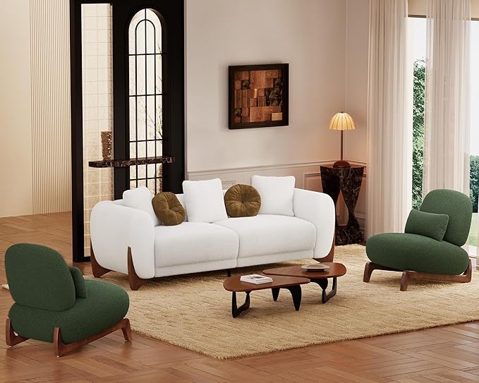 Morden Fort Modern Cloud Couch - 3 Seater Sherpa Boucle Sofa with Wood Legs, Ultra-Thick High Resilience Cushion with 3 Matching Pillows Upholstered Comfy Couch Sofa for Living Room - Off White