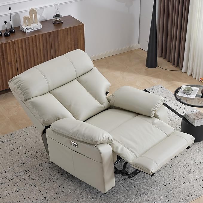 AEDI 450lbs Genuine Leather Power Recliner Chair for Big and Tall Adults Oversized Electric Reclining Sofa for Living Room,Extra Wide 27" Seat,USB Charging(Top Grain Leather,Light Gray)