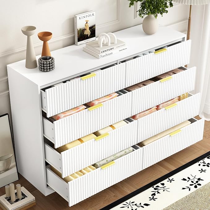3-Piece Modern Bedroom Furniture Set, Wide 8-Drawer Dresser & 1-Drawer Nightstands Set of 2, Natural Wood Dresser and Nightstand Sets for Bedroom, Hallway, White