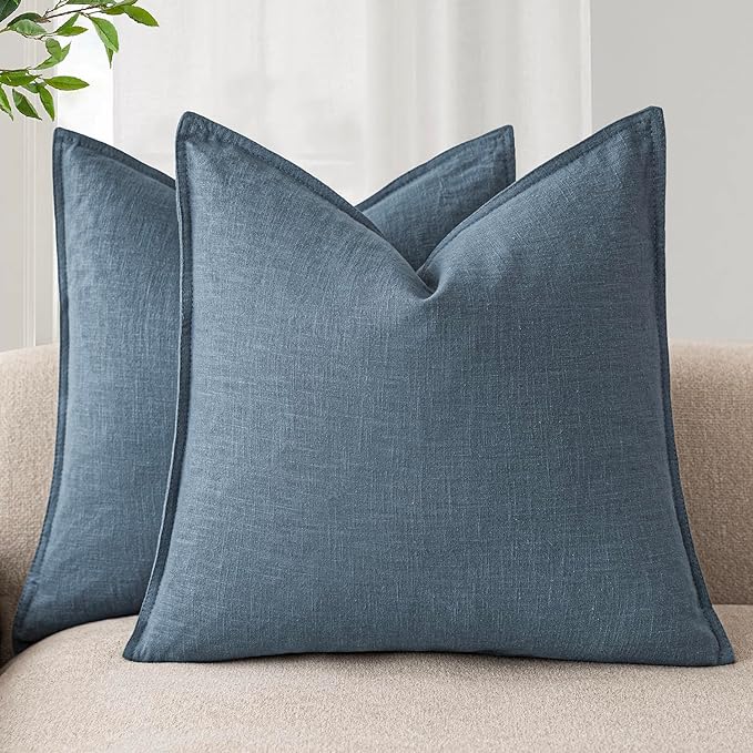 Foindtower Set of 2, Decorative Linen Soild Throw Pillow Covers Soft Accent Cushion Euro Case Boho Farmhouse Pillowcase for Chair Couch Sofa Bedroom Living Room Home Decor 16 x 16 Inch Misty Blue