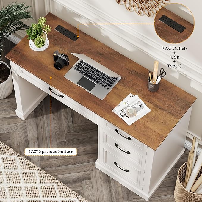 Farmhouse 47" Executive Desk, Computer Desk with Drawers and File Drawer, Workstation Computer Desk with Charging Station for Home Office,Study,(Unique White)