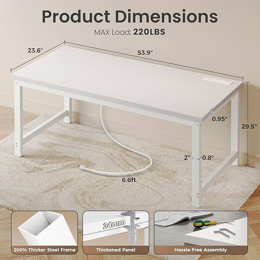 Huuger 55 x 24 inch Desk with Power Outlets & USB-C, Deeper & Thicker Desktop, Robust Metal Tubes, Computer Desk, Heavy Duty Office Desk, Work Gaming Desk for Home Office, White