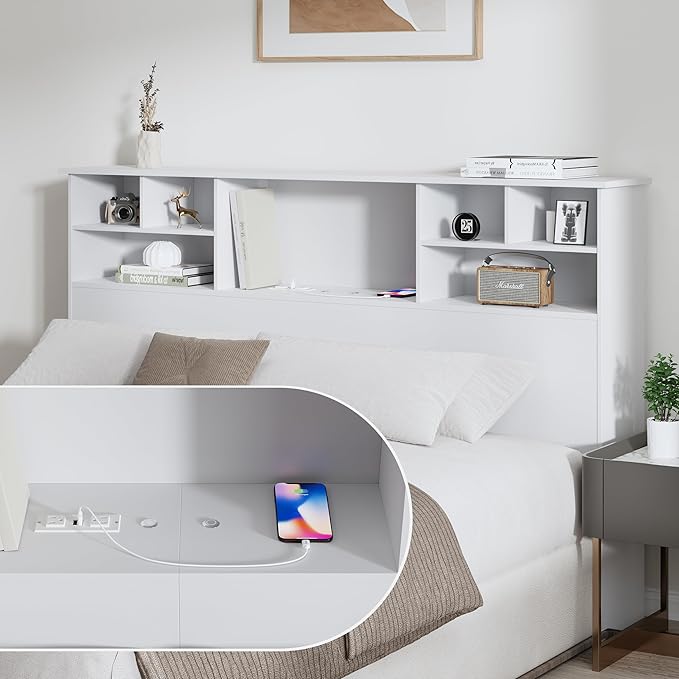 Queen/Full Size Headboard Only for Bedroom, Wood Bookcase Headboard with Charging Station & 2 LED Lights, Stylish Headboards for Queen Size Bed, Noise-Free HeadBoard with Storage, White