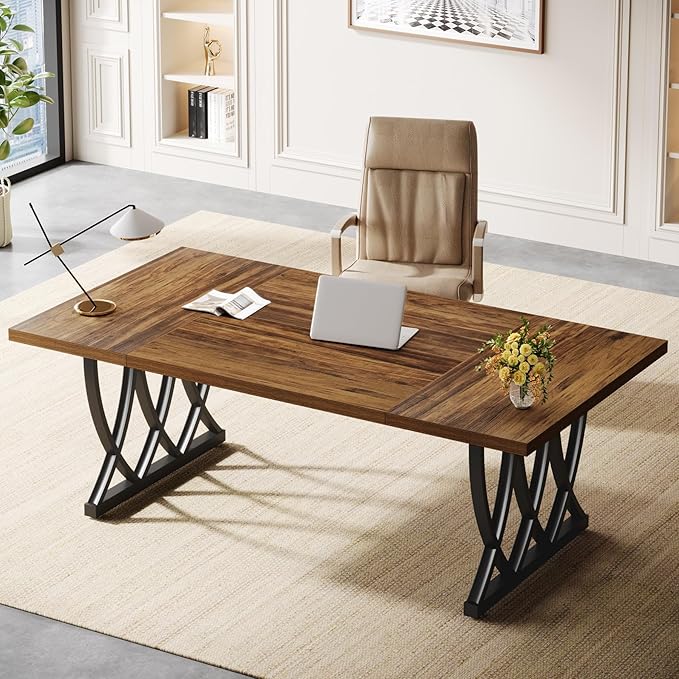 Tribesigns 70.86-Inch Executive Desk, Large Home Office Desk Computer Desk with Thick Metal Frame, Rectangle Study Writing Table Workstation for Home Office (Retro Brown & Black)