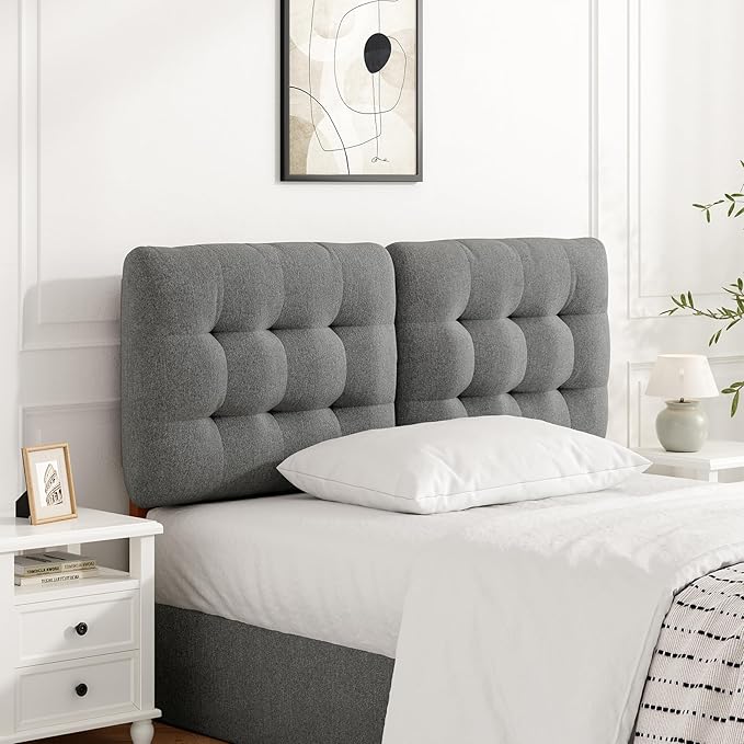Tufted Upholstered Full Headboard, Adjustable Height Full Size Headboard Only from 39”to 44” with Durable Solid Wood Legs, Modern Button Diamond Fabric Head Board with Width Adapters, Grey