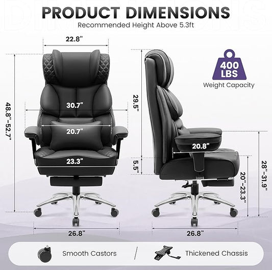 Office Desk Chair, Big and Tall Leather Gaming Chair with Footrest, Wide Ergonomic Comfy Executive High-Back Reclining Computer Chairs, Swivel Rolling Wheels and Lumbar Support, Matte Black