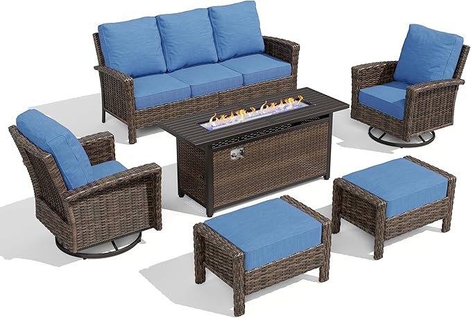 HERA'S HOUSE Wicker Patio Furniture Set, High Back Swivel Chairs with 5.5-Inch Thick Cushions, 6-Piece Outdoor Deep Seating Conversation Sets with Fire Pit Table & Ottomans for Deck Yard Garden, Blue