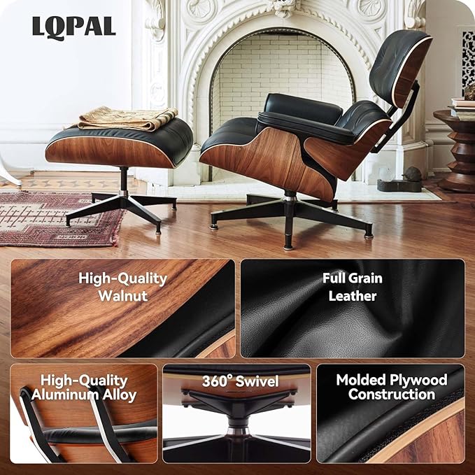 Top Black Grain Leather, Mid Century Chaise Lounge Chair and Ottoman, Modern Chair Classic Design, Walnut Wood, Heavy Duty Base Support for Living Room Study Lounge Office