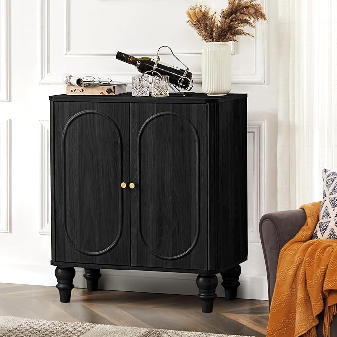 ORRD Fluted Storage Cabinet, Modern Credenza Wooden Accent Sideboard Buffet Cabinet Set of 2 with Adjustable Shelves and Solid Wood Legs, Console Table for Kitchen Dining Living Room Entryway, Black