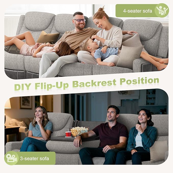 4 Seat Manual Reclining Sofa, Flip Middle Backrest 2-in-1 Recliner Couch with Large Storage Drawer, USB Ports & Cup Holders, Grey Linen & Leather 4 Seater Recliner Sofa for Living Room