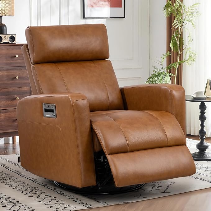 Genuine Leather Power Swivel Recliner Chair, Glider Electric Rocking Chair for Adults. Nursery Rocker Sofa Chair with Adjustable Headrest for Living Room. Wireless Charging/Type-C&USB, Brown