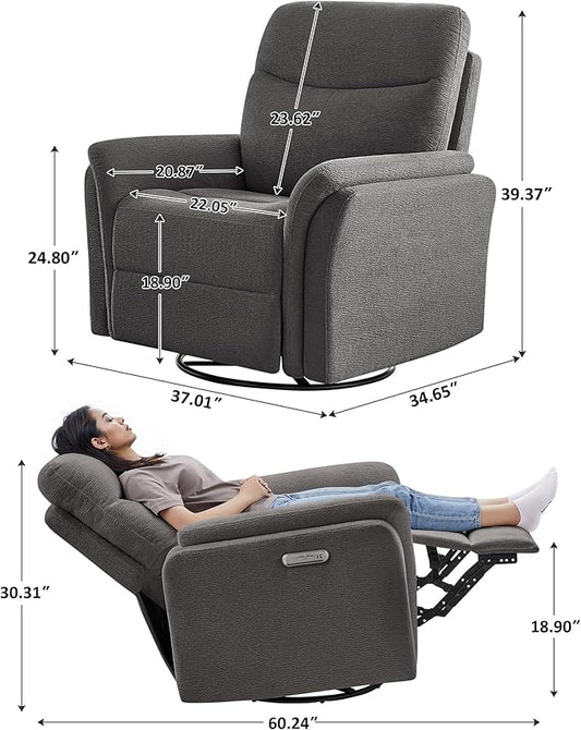 VANOMi Power Recliner Chair Swivel Glider, Electric Rocking Recliner Chairs with USB and Type-C Ports, Nursery Chair Recliner for Office, Living Room, Bedroom(Dark Gray)