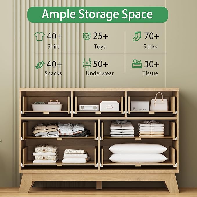 Fluted Dresser for Bedroom with 7 Drawers, 48" Wide Modern Chest of Drawers with Metal Handle, Wood Dresser TV Stand, Wooden Closet Clothes Storage Organizer for Living Room, Hallway, Natural Oak